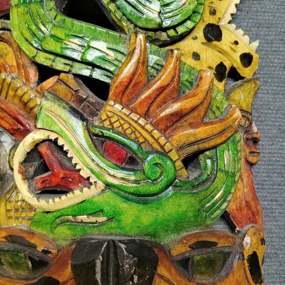 Mexican Folk Art Hand Carved Wooden Mayan Mask - Picture 3 of 9